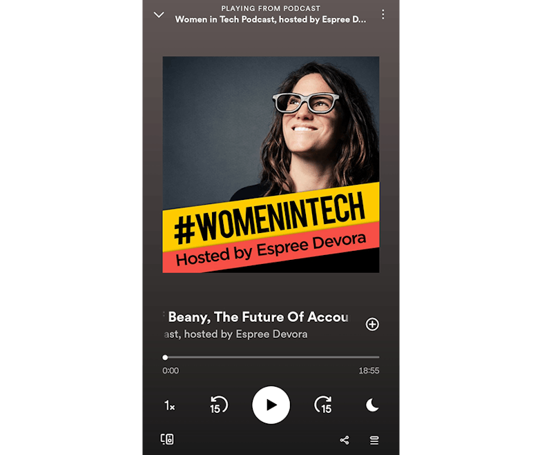 Women in Tech podcast playing on Spotify