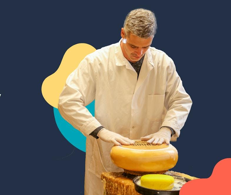 Meyer cheese thumbnail with picture of a worker with a big cheese